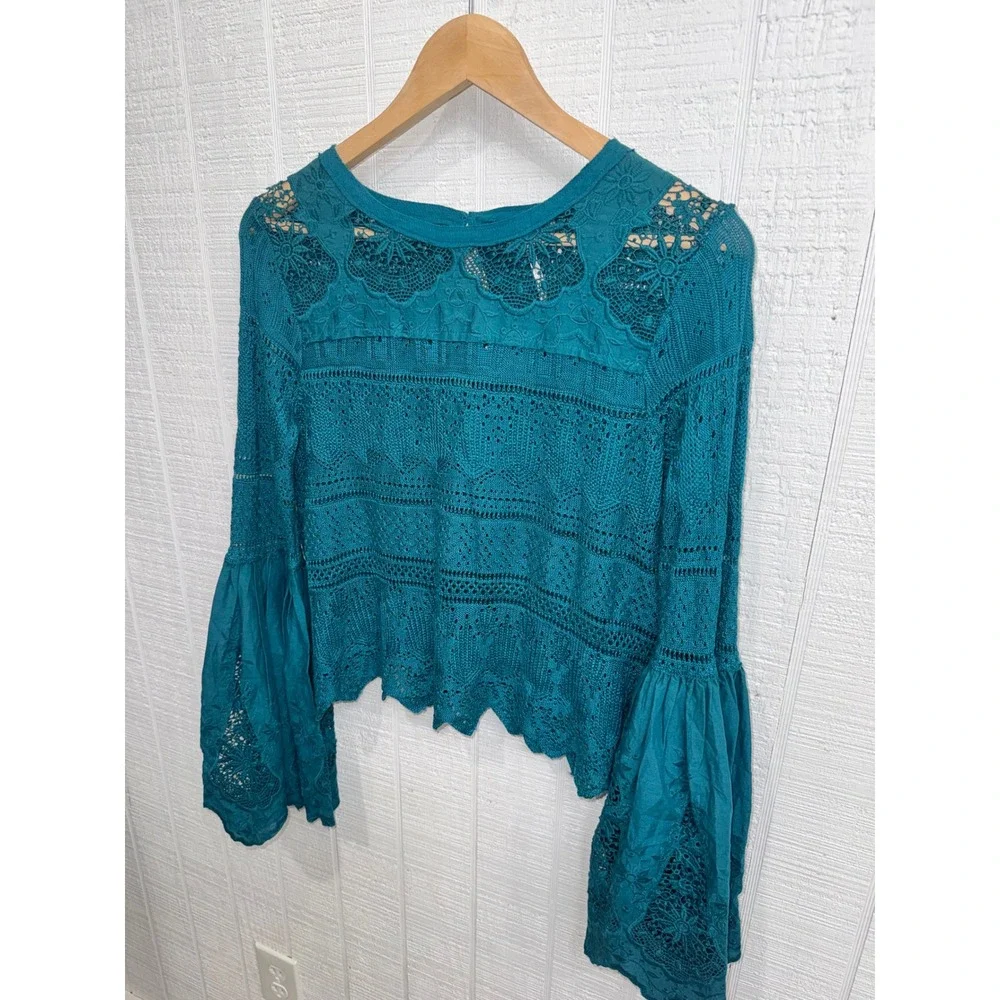 Free People Crochet Knit Top Women Teal Blue Bell Sleeve Lace XS